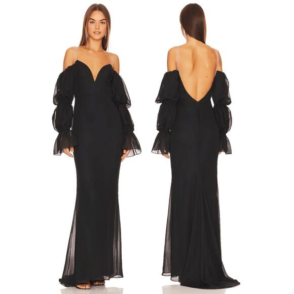 Katie May Estella Gown Maxi Dress Off The Shoulder Chiffon Ruffle Black Size XS